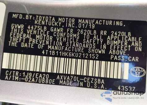 2019 Toyota Camry Se из США, поврежденный, VIN 4T1B11HK6KU212152